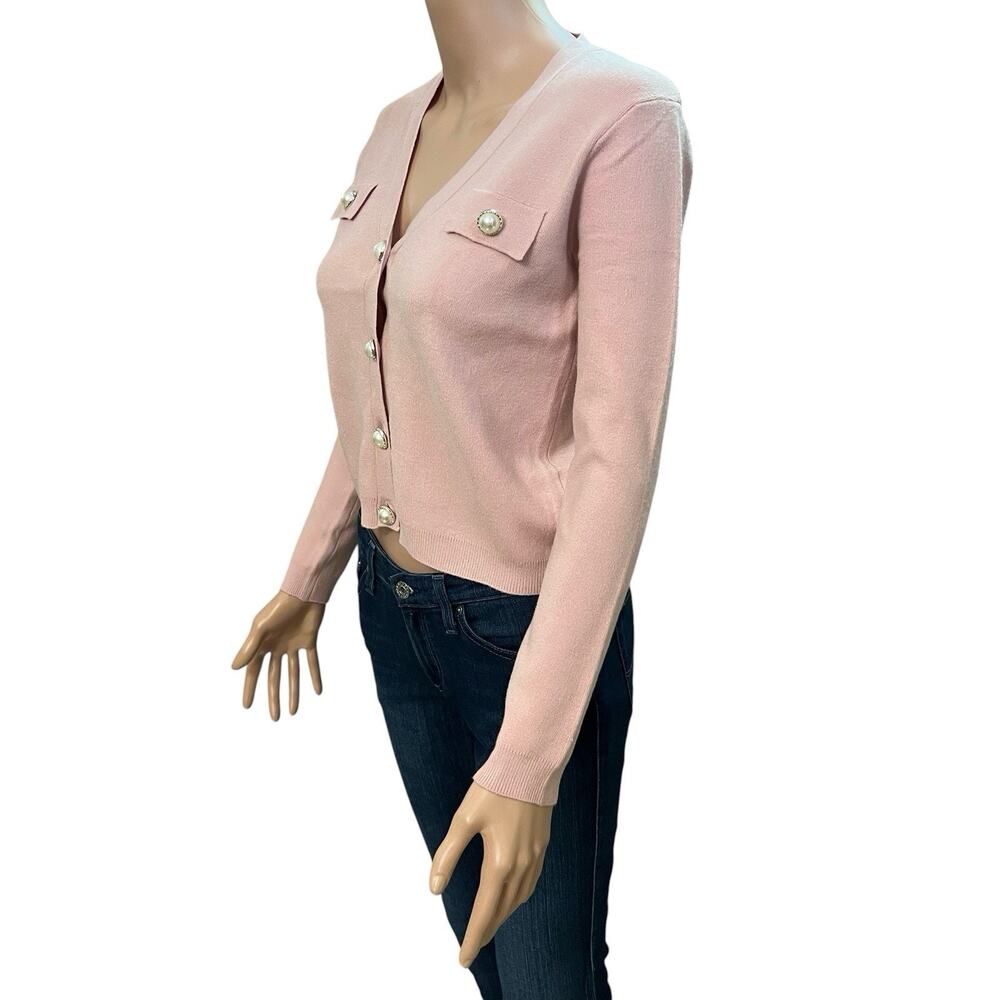 Tahari Pearl Button Cardigan Sweater XS Cropped Pink V Neck Knit Preppy Classic - Picture 2 of 9
